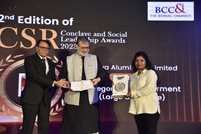 Aditya Aluminium Limited, winner for the Empowerment (Large Corporate) Category held at the Second edition of the CSR Conclave Social Leadership Awards on December 7th, 2023, at Williamson Magor Hall, The Bengal Chamber premises. 