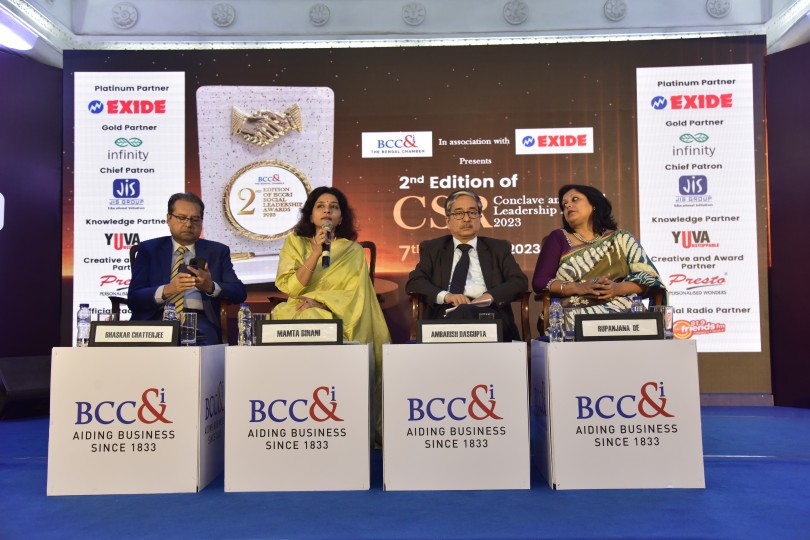 Session was conducted on ‘Impact Funding with focus on Social Stock Exchange’ the eminent panelists were: Dr. CS Adv Mamta Binani, National Past President, Institute of Company Secretaries of India (ICSI); Mr. Ambarish Dasgupta, Senior Partner, Intueri Consulting LLP; CS Rupanjana De, Central Council Member, ICSI. This was moderated by Dr. Bhaskar Chatterjee, Former Director General & CEO, Indian Institute of Corporate Affairs at the Second edition of the CSR Conclave Social Leadership Awards on December 7th, 2023, at Williamson Magor Hall, The Bengal Chamber premises. 